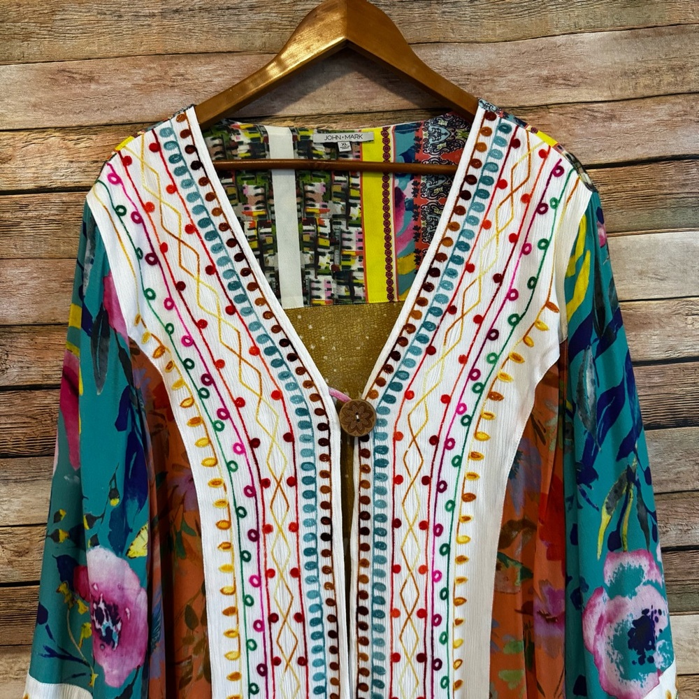 John Mark Multicolor Floral Embroidered V-Neck Top - Picture 3 of 12